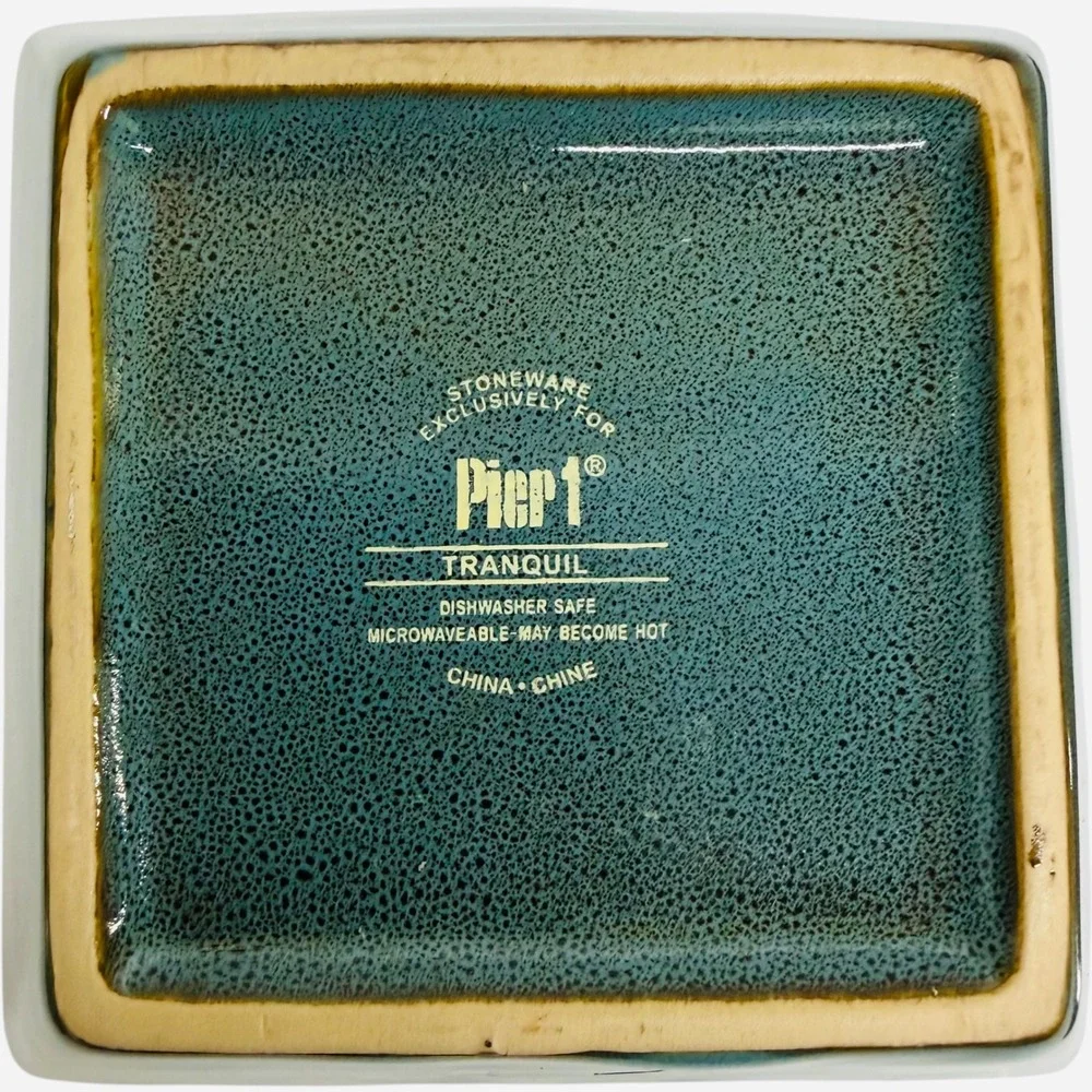 Pier 1 Tranquil Stoneware Square Bowl and Plate Set Blue Floral Teal Brown